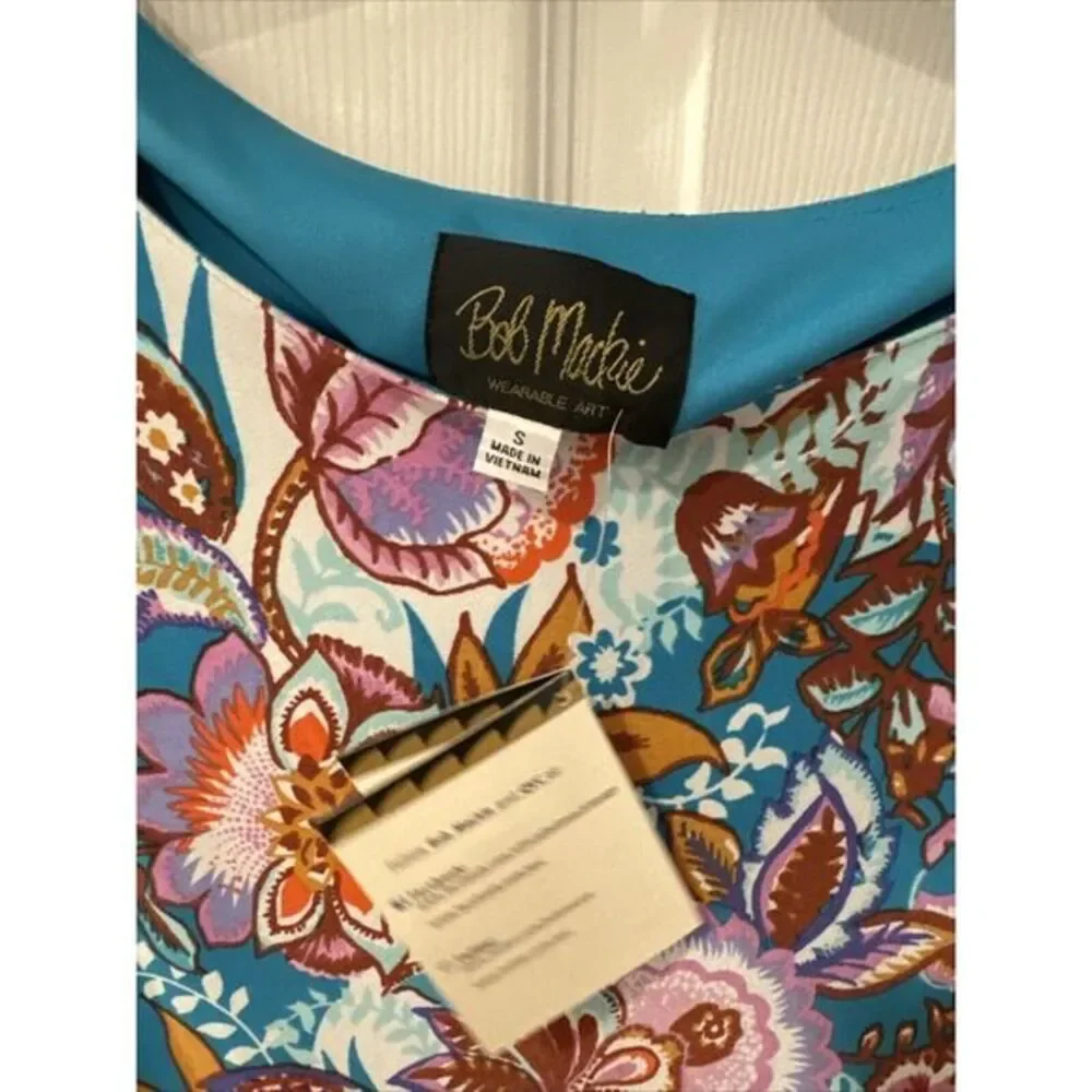 BOB MACKIE Wearable Art Size S Sheath Dress Blue Floral‎ 3/4 Sleeve NEW